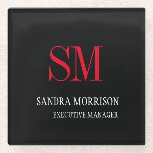 Zwart-wit zwart handschrift minimalistisch monogra glazen onderzetter (Voorkant)