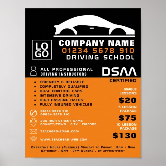 Zwart-witauto Logo, autorijschool, docent Poster (Voorkant)