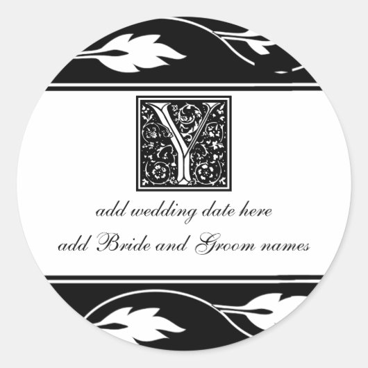 Zwart-witblad monogram Y Ronde Sticker (Voorkant)