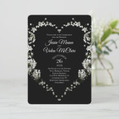 Zwart-witbloem Heart Gothic Wedding Kaart (Staand voorkant)