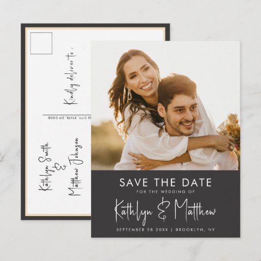 Zwart-witboek Moderne foto-bruiloft opslaan Aankondigingskaart (Voorkant / Achterkant)