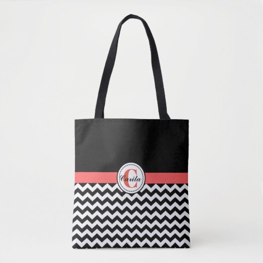 Zwart-witChevron All-Over-Print Canvas tas (Voorkant)