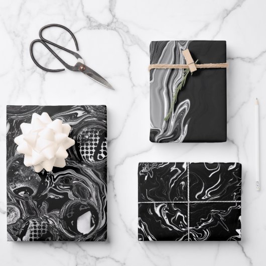 Zwart-witfluid Art Modern Abstract Inpakpapier Vel (Voorkant)