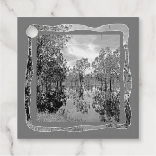 Zwart-witfoto van de rivier Murray met eucalyptusb Bedankjes Labels