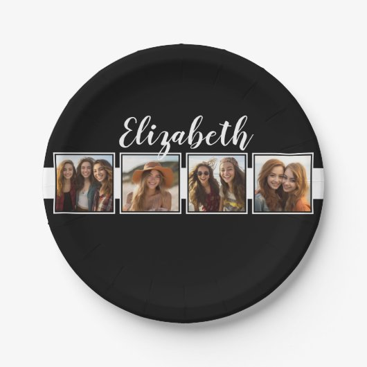 Zwart-witfotocollage vierkantjes, speciaal geperso papieren bordje (Voorkant)