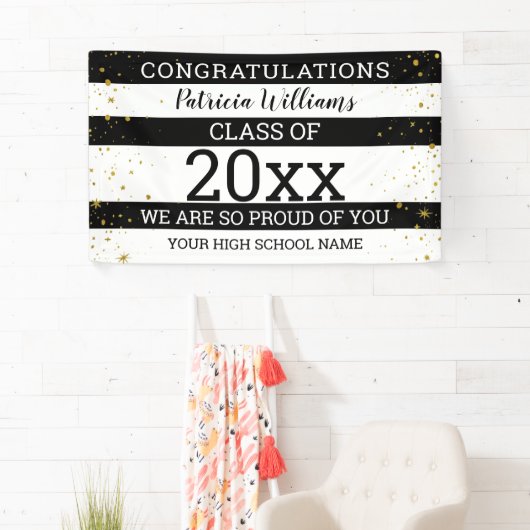 Zwart-witgoud Confetti Congrats Afstudeerder 2020 Spandoek (Insitu)