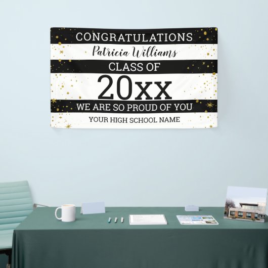 Zwart-witgoud Confetti Congrats Afstudeerder 2020 Spandoek (Beurs)