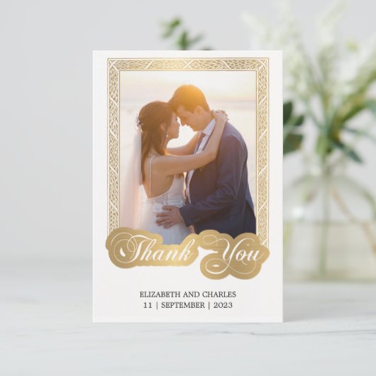 Zwart-witgoud lijst trouwfoto bedankkaart (Staand voorkant)