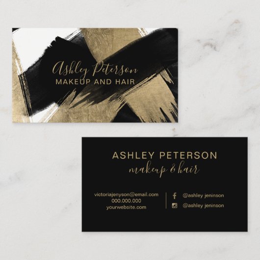 Zwart-witgoud penseelhaarmake-up typografie visitekaartje (Voorkant / Achterkant)