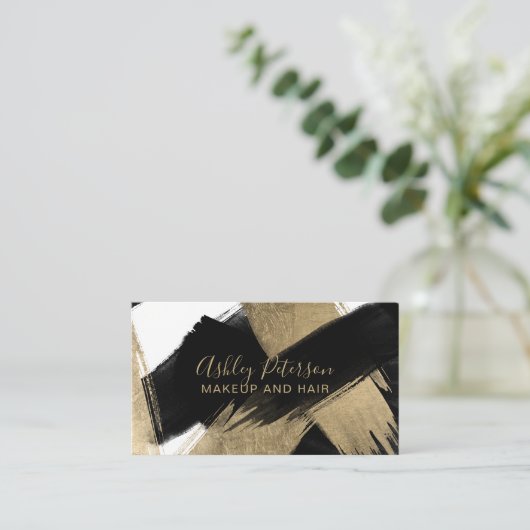 Zwart-witgoud penseelhaarmake-up typografie visitekaartje (Staand voorkant)