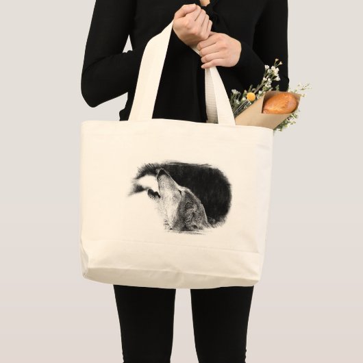Zwart-witgrijs Wolf-schets Grote Tote Bag (Voorkant (product))
