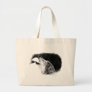 Zwart-witgrijs Wolf-schets Grote Tote Bag