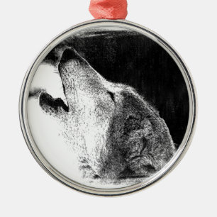 Zwart-witgrijs Wolf-schets Metalen Ornament