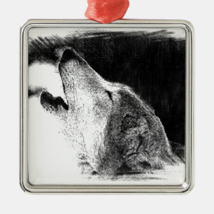 Zwart-witgrijs Wolf-schets Metalen Ornament