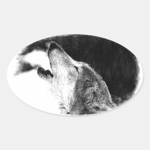 Zwart-witgrijs Wolf-schets Ovale Sticker