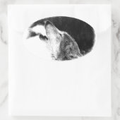 Zwart-witgrijs Wolf-schets Ovale Sticker (Tas)