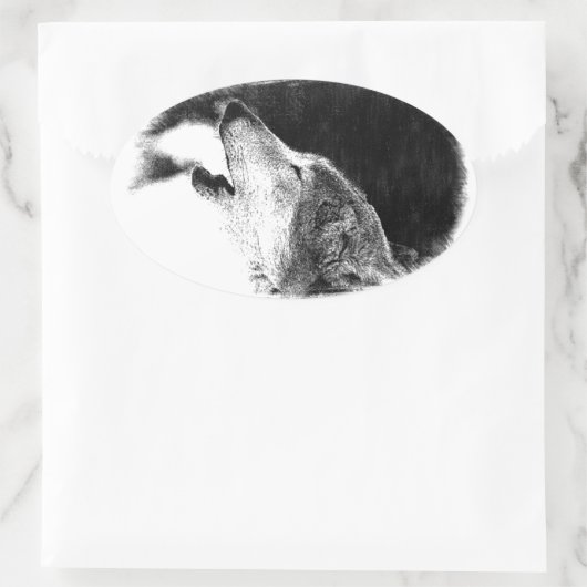 Zwart-witgrijs Wolf-schets Ovale Sticker (Tas)