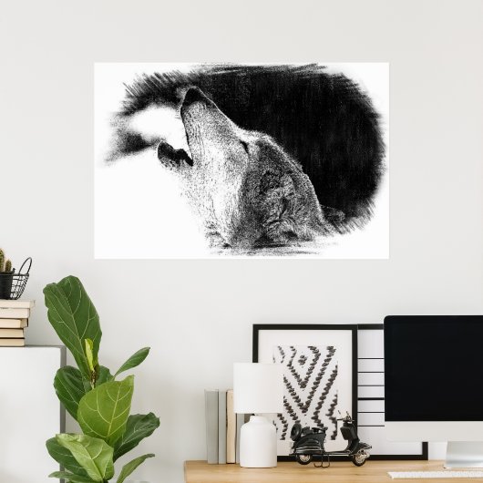 Zwart-witgrijs Wolf-schets Poster (Thuiskantoor)