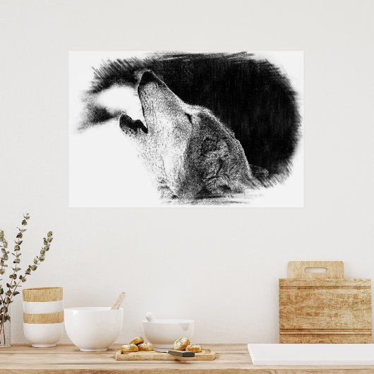Zwart-witgrijs Wolf-schets Poster (Keuken)