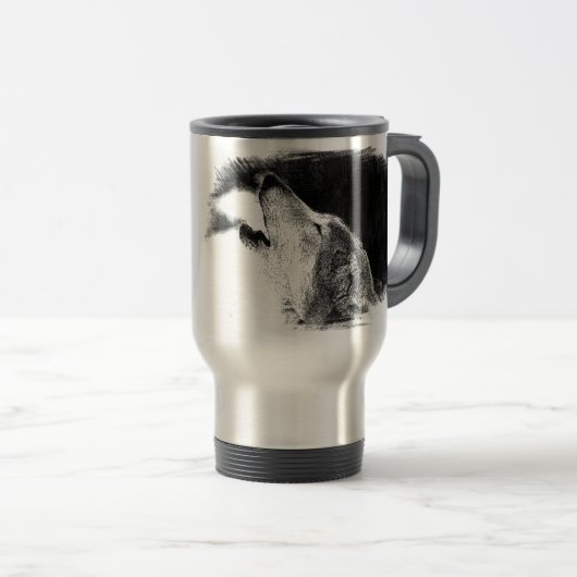 Zwart-witgrijs Wolf-schets Reisbeker (Voorkant rechts)