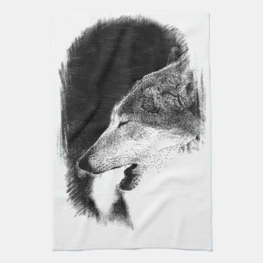 Zwart-witgrijs Wolf-schets Theedoek (Verticaal)