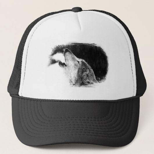 Zwart-witgrijs Wolf-schets Trucker Pet (Voorkant)