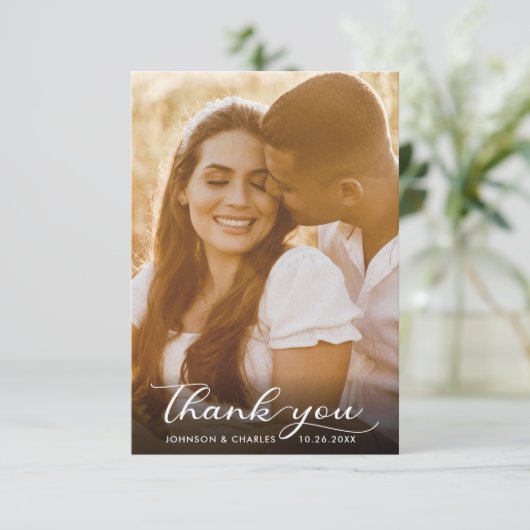 Zwart-withandgeschreven bruiloft foto bedankkaart (Staand voorkant)