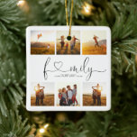 Zwart-withartscript 6 Fotoserie Collage Keramisch Ornament<br><div class="desc">Je familie betekent de wereld voor je, en met dit mooie ornament ontwerp kun je ze show hoeveel je belangrijk vindt. Met zes van uw favoriete familiefoto's boven en onder de tekst wordt het woord 'familie' duidelijk weergegeven in de moderne kalligrafie, wordt de letter 'a' vervangen door een hart. Familienaam...</div>