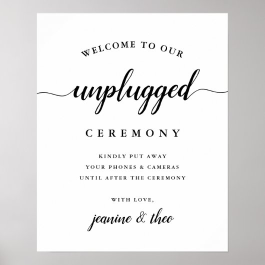 Zwart-witkalligrafie Unplugged Wedding Sign Poster (Voorkant)