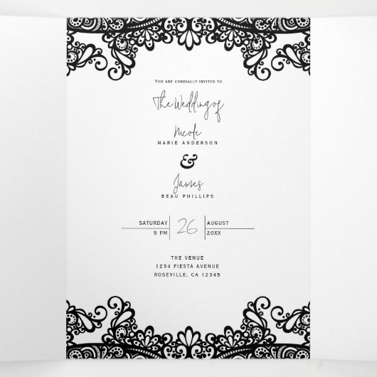 Zwart-witkant Elegant Wedding Drieluik Uitnodiging (Binnenkant midden)