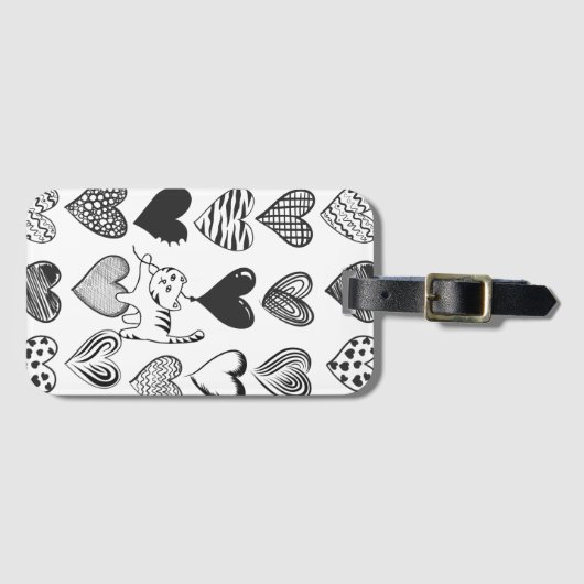 Zwart-witkat en hartpatroon bagagelabel (Voorkant (horizontaal))