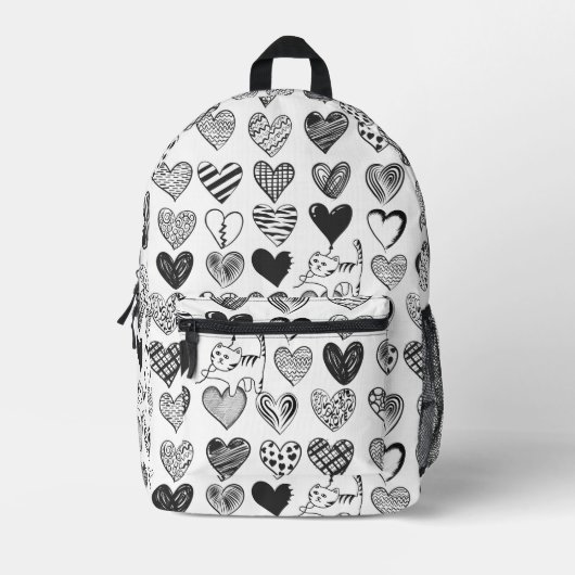 Zwart-witkat en hartpatroon bedrukte rugzak (Voorkant)