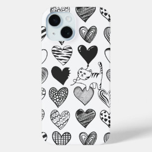 Zwart-witkat en hartpatroon iPhone 15 case