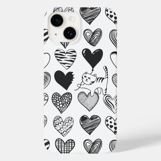 Zwart-witkat en hartpatroon Case-Mate iPhone case (Achterkant)
