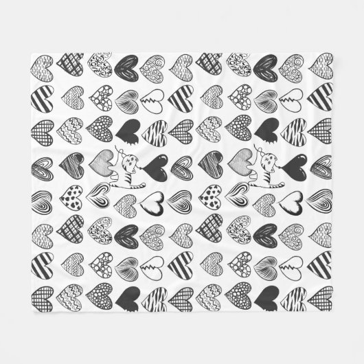 Zwart-witkat en hartpatroon fleece deken (Voorkant (Horizontaal))
