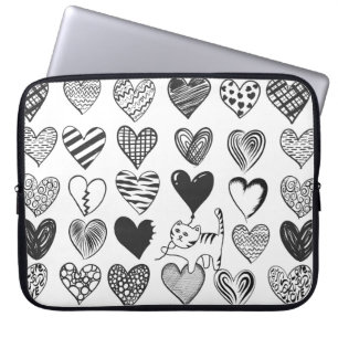 Zwart-witkat en hartpatroon laptop sleeve