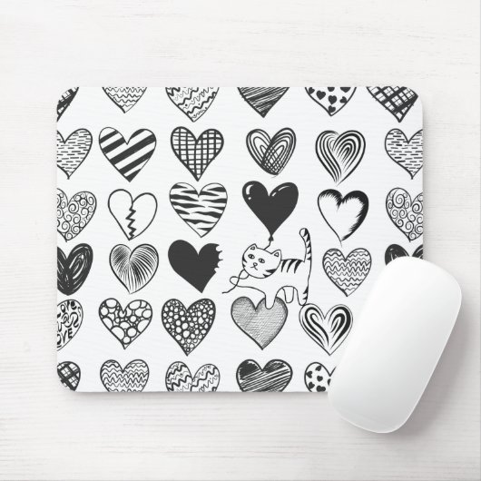 Zwart-witkat en hartpatroon muismat (Met muis)