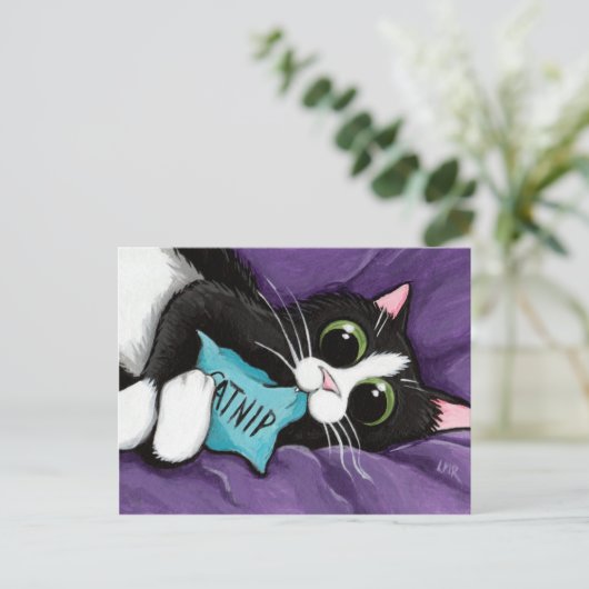 Zwart-witkat met Catnip Pillow - Kat art Briefkaart (Staand voorkant)