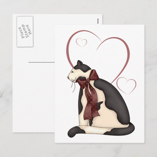 Zwart-witkat met harten Valentijn Feestdagenkaart (Voorkant / Achterkant)