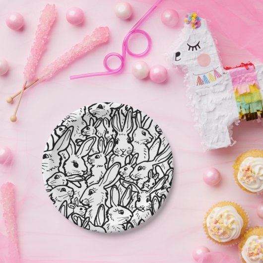 Zwart-witkonijnentekening Modern Bunny Pattern Papieren Bordje (Feest)
