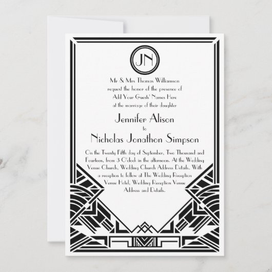 Zwart-witkunst Deco Gatsby Wedding Invites Kaart (Voorkant)