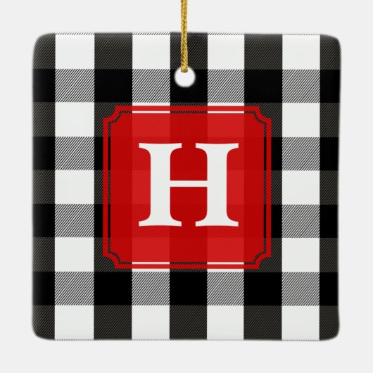 Zwart-witlumberjack speldenmonogram keramisch ornament (Achterkant)