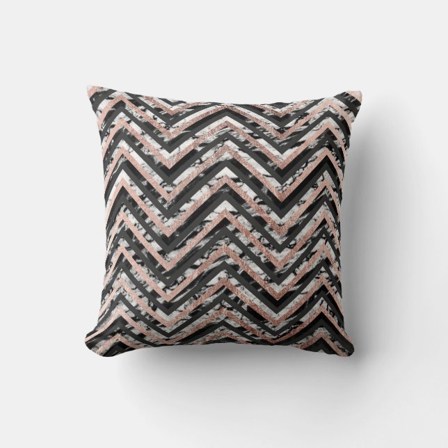 Zwart-witmarmer Roos Gold Chevron Zigzag Kussen (Voorkant)