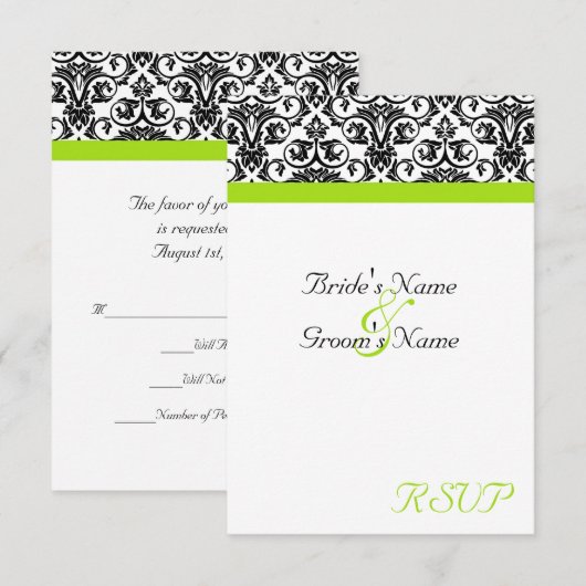 Zwart-witmasker met Chartreuse Green Accent Strip RSVP Kaartje (Voorkant / Achterkant)