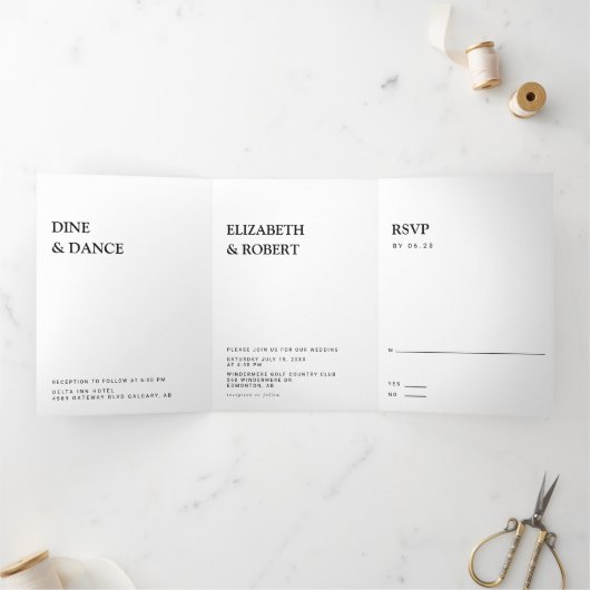 Zwart-witminimalistisch eenvoudige moderne bruilof drieluik uitnodiging (Binnen)