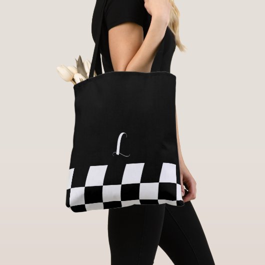 Zwart-witminimalistisch monogram gecontroleerd tote bag (Dichtbij)