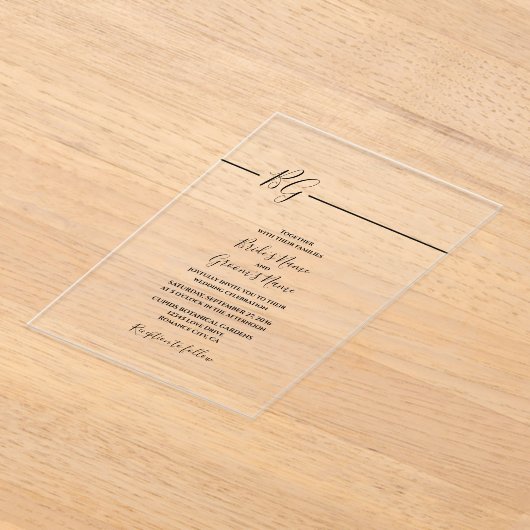 Zwart-witminimalistisch monogram huwelijk acryl uitnodigingen (Laagn)