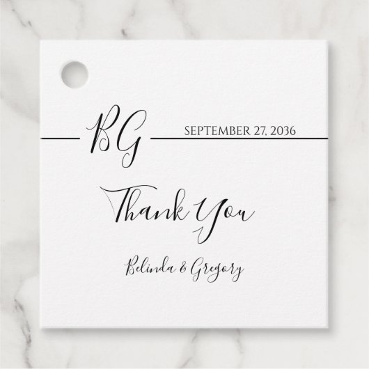 Zwart-witminimalistisch monogram huwelijk bedankjes labels (Voorkant)