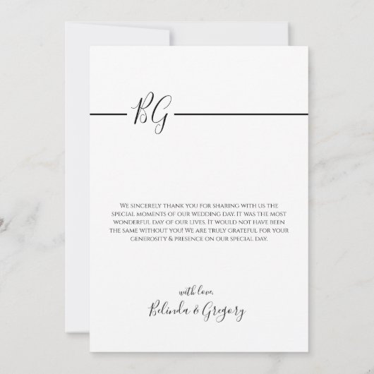 Zwart-witminimalistisch monogram huwelijk bedankkaart (Achterkant)