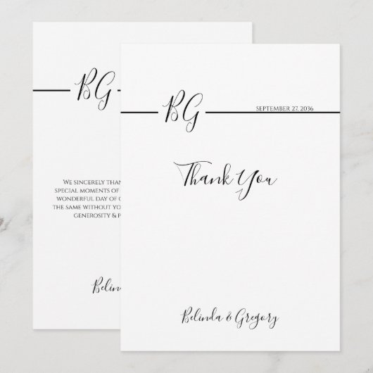 Zwart-witminimalistisch monogram huwelijk bedankkaart (Voorkant / Achterkant)